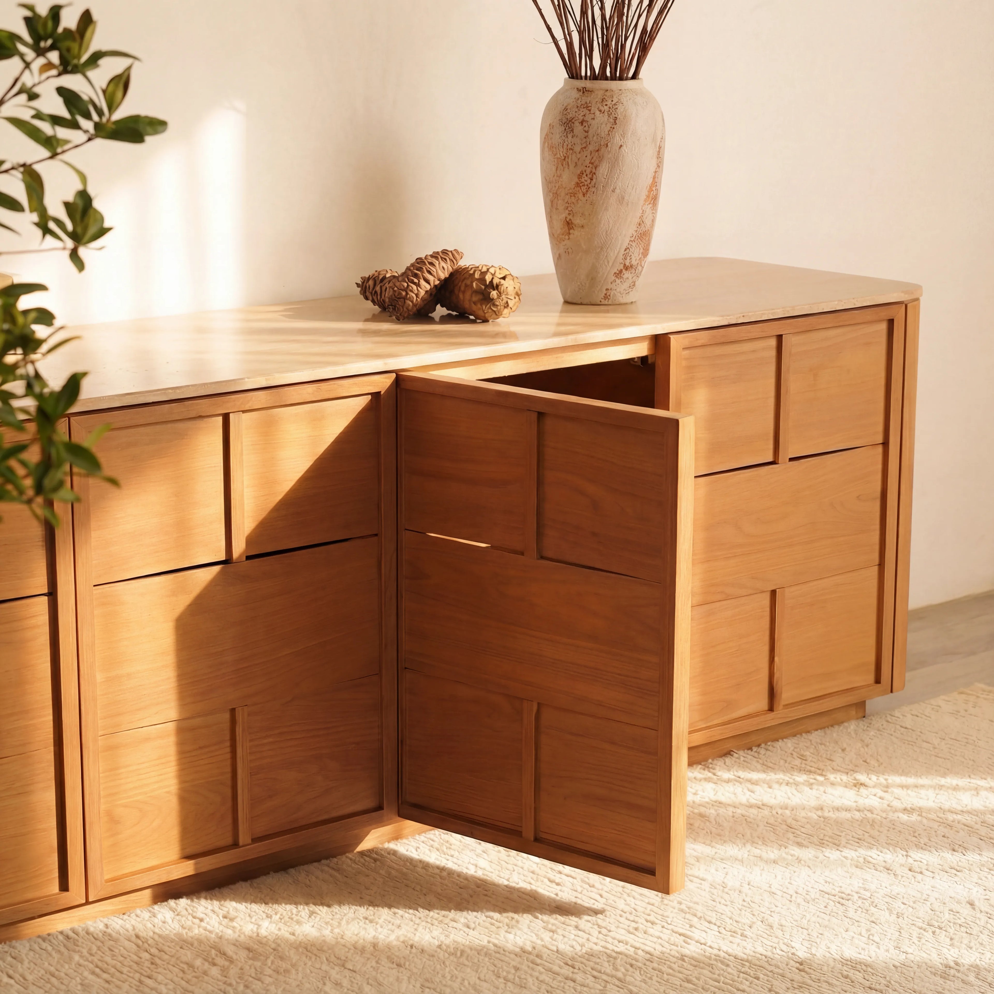 Hearth Sideboard Oak wood with travertine top