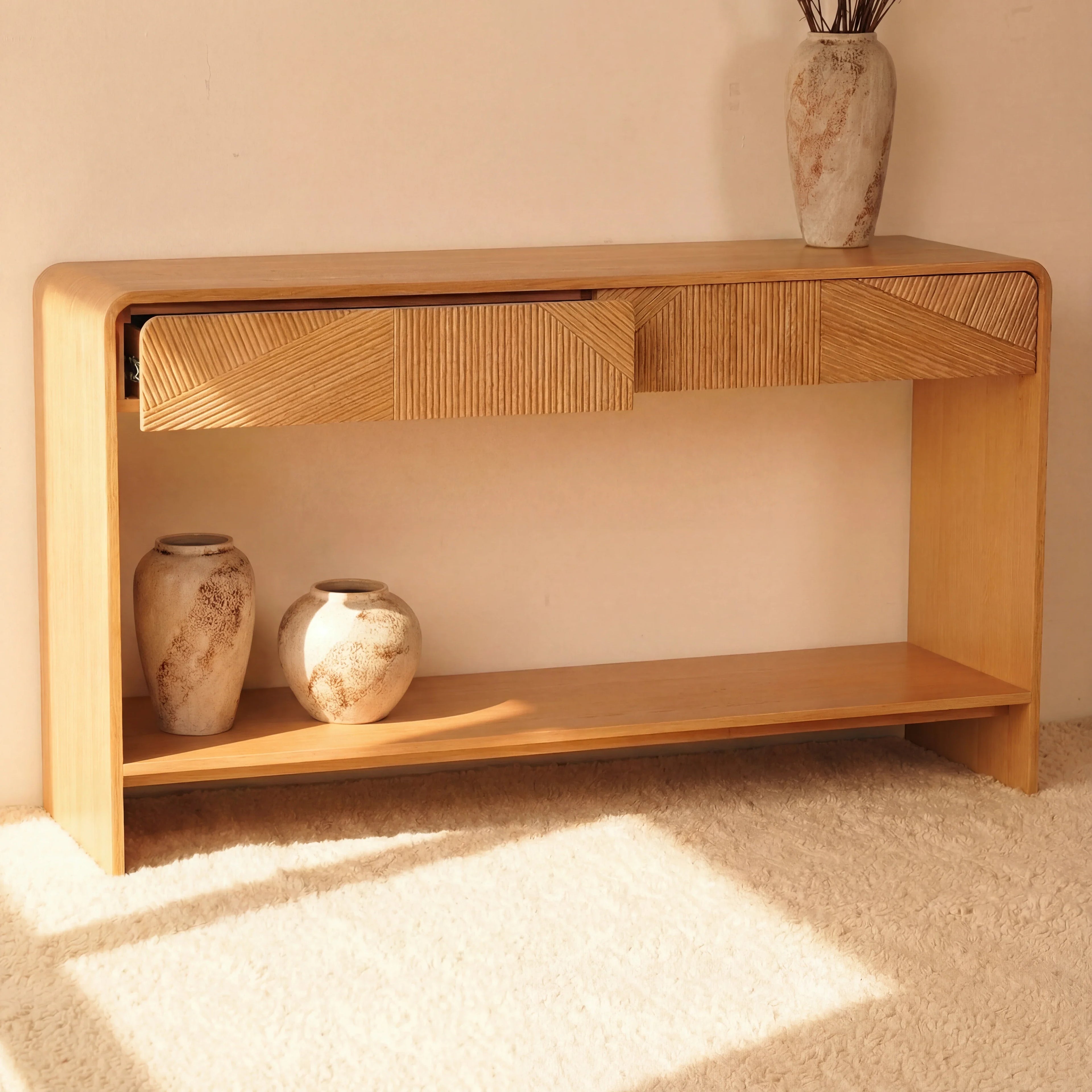VISTA Console Table White oak with sculpted slat detailing