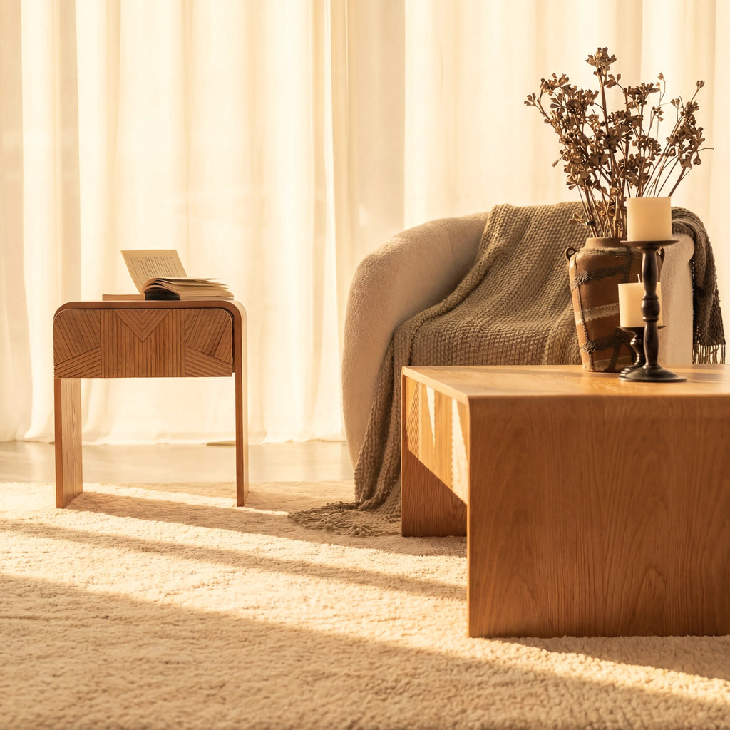 Vista Side Table White oak with sculpted slat detailing