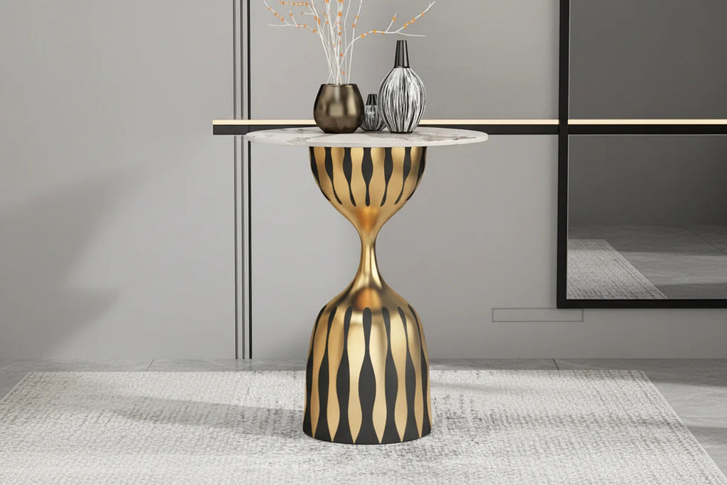 Modern Marble Top Side Table, Sculptural Pedestal Accent Table, Luxury Black Gold End Table for Living Room Bedroom