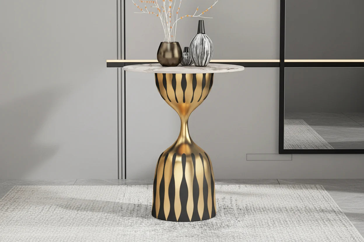 Modern Marble Top Side Table, Sculptural Pedestal Accent Table, Luxury Black Gold End Table for Living Room Bedroom