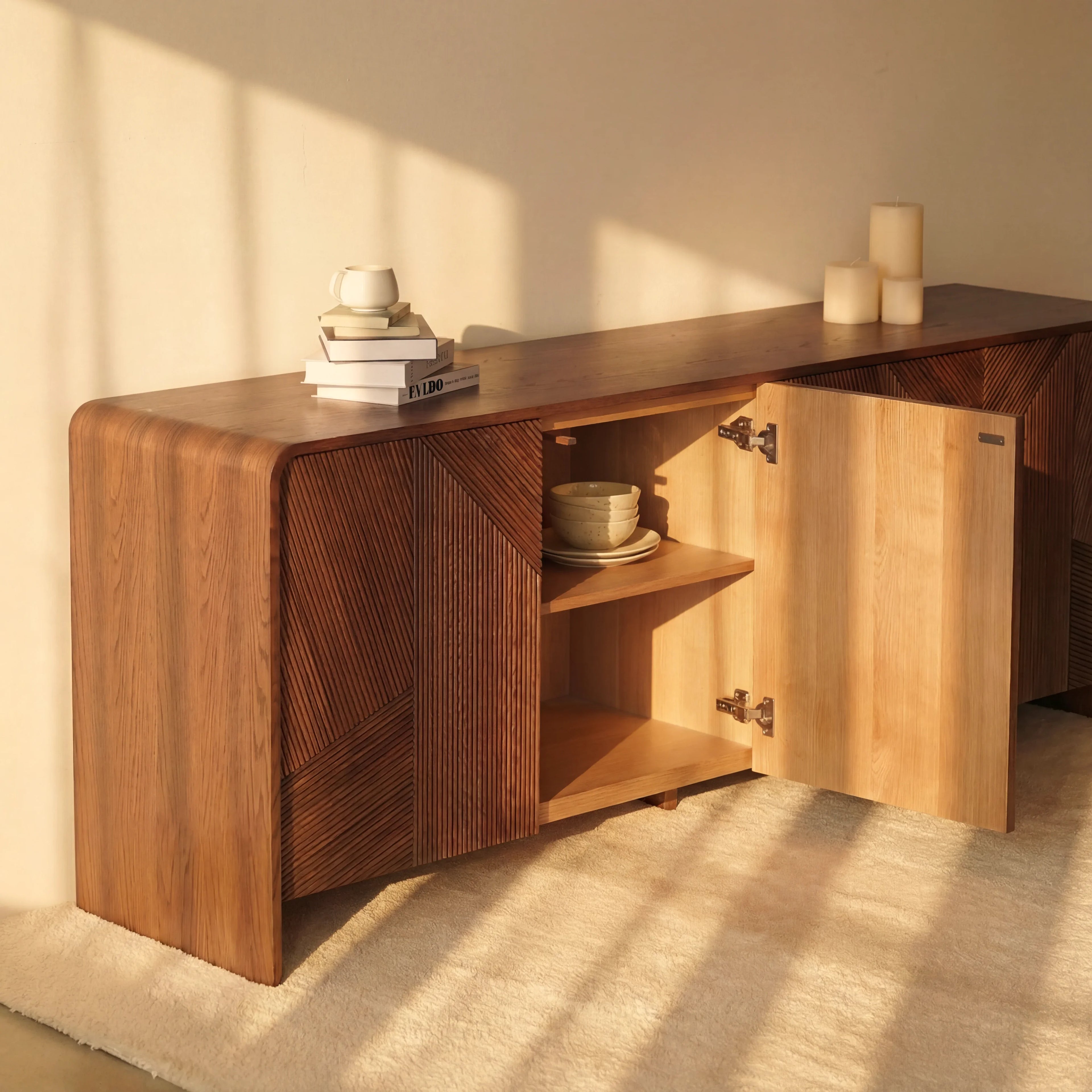 Vista Sideboard White oak with sculpted slat detailing