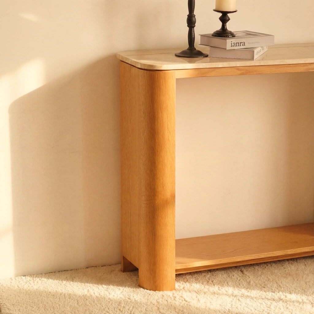 Ovelo Console Table Oak wood with travertine top